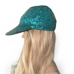 Vintage JC Teal Bead Sequin Hat Baseball Cap Made In USA One Size